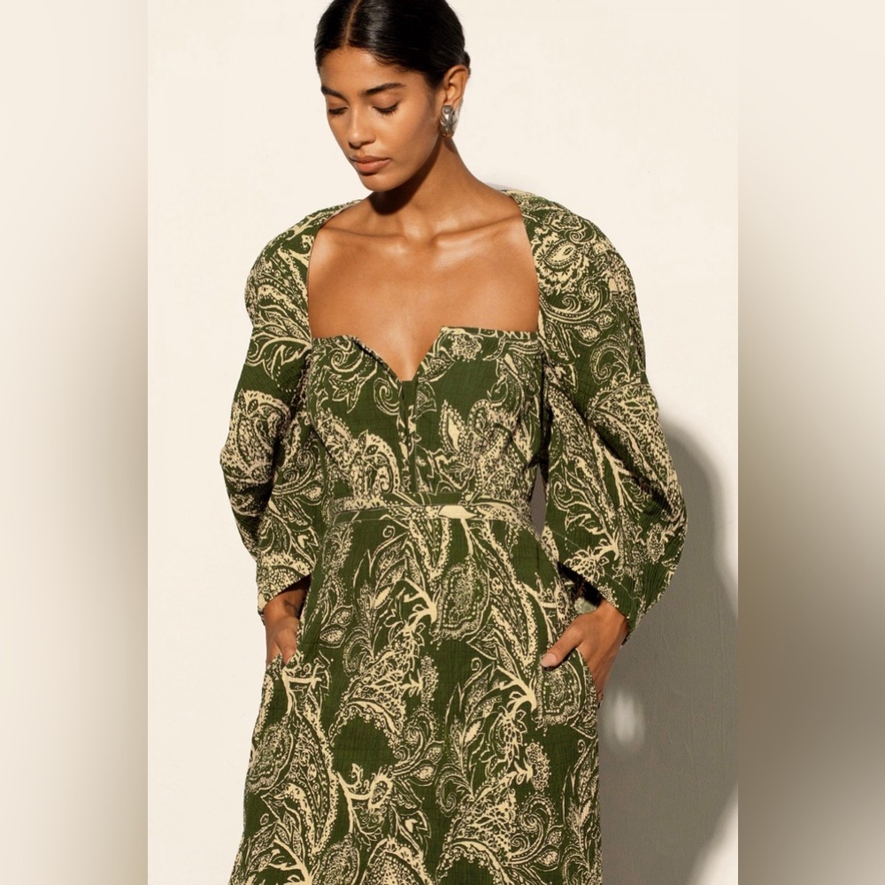 NWT Mara Hoffman Violeta Textured Organic Cotton Paisley Dress in Green Size 0